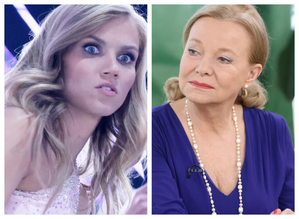 Po lewej młoda kobieta z długimi blond włosami, ma szeroko otwarte oczy i wyraz zaskoczenia na twarzy, ubrana w jasną, błyszczącą sukienkę. Po prawej dojrzała kobieta w eleganckiej, fioletowej kreacji, z upiętymi blond włosami oraz perłowym naszyjnikie...