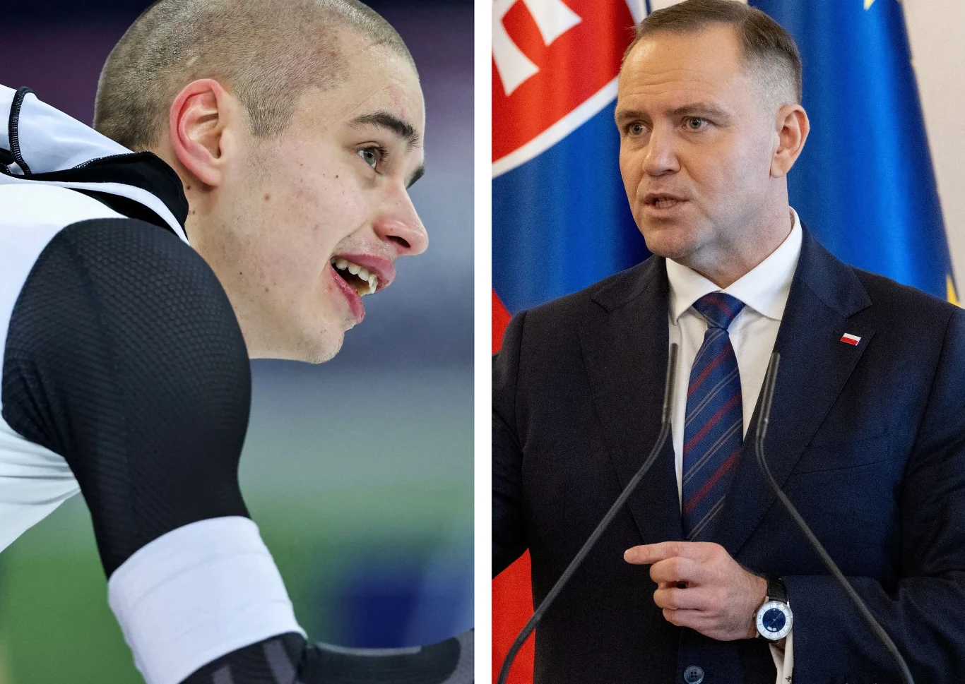 Władimir Semirunnij i prezydent RP Karol Nawrocki Po lewej stronie młody sportowiec w stroju do jazdy szybkie na lodzie, z wyraźnie zadowoloną mimiką twarzy, po prawej dojrzały mężczyzna w garniturze mówi do mikrofonu, za nim widoczne flagi.