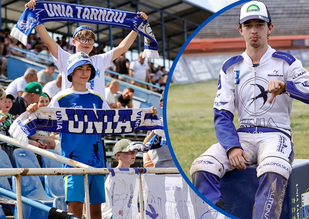 Skład Unii Tarnów pozostawia wiele do życzenia Kibice wspierający drużynę Unia Tarnów, trzymający klubowe szaliki na trybunach stadionu żużlowego oraz żużlowiec drużyny Unia Tarnów w stroju sportowym, siedzący z motocyklem.