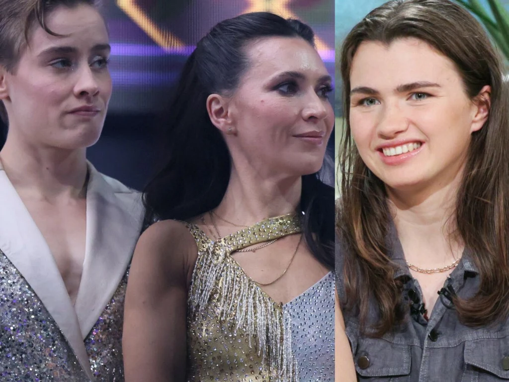 Trzy kobiety, każda sfotografowana osobno. Po lewej dwie osoby w kostiumach scenicznych, z delikatnym makijażem, przy sztucznym świetle. Po prawej uśmiechnięta kobieta w codziennym ubraniu na neutralnym tle.