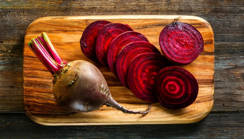 Burak ćwikłowy w całości oraz kilka plasterków buraka ułożonych na drewnianej desce do krojenia, całość na tle drewnianych desek.