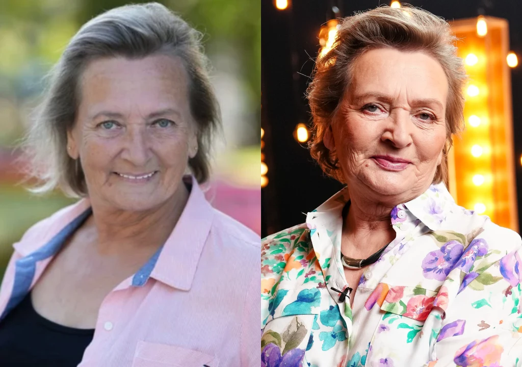 Elżbieta z "Sanatorium miłości" 6 Starsza kobieta z zadbanymi włosami, uśmiechnięta, pokazana w dwóch różnych stylizacjach i sceneriach – po lewej na tle przyrody w jasnej koszuli, po prawej w kwiecistej bluzce przy świetlnych dekoracjach.