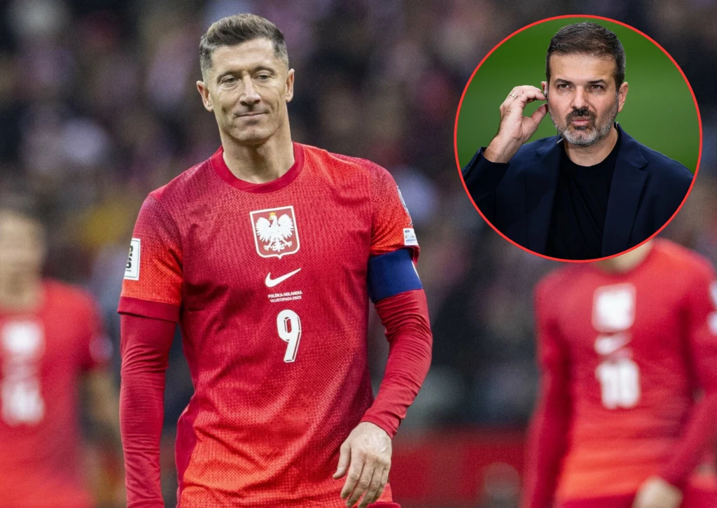 Andrea Stramaccioni o uldze z "ominięcia" reprezentacji Polski Polski piłkarz w czerwonej koszulce z numerem 9 i kapitańską opaską podczas meczu, w tle sylwetki innych zawodników, w prawym górnym rogu okrągłe wstawienie z portretem mężczyzny w garniturze dotykającego twarzy.