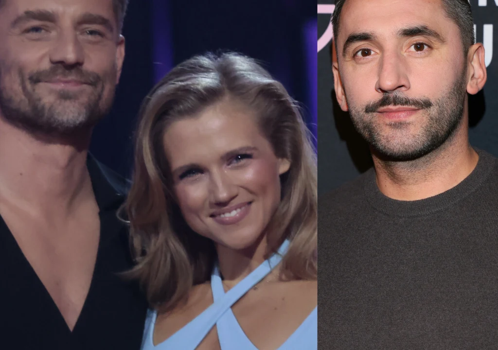 Marcin Rogacewicz, Agnieszka Kaczorowska, Rafał Maserak Trzy osoby widoczne na dwóch kadrach, po lewej stronie uśmiechnięta kobieta w jasnej sukience stoi obok mężczyzny w ciemnej koszuli, po prawej stronie mężczyzna z wąsem i krótkimi włosami na czarnym tle.