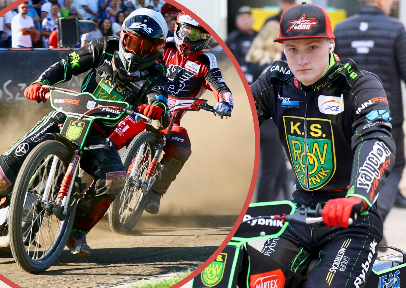 Zawodnicy na motocyklach żużlowych rywalizują na torze podczas wyścigu, w tle widać publiczność. Po prawej stronie sportowiec w kombinezonie żużlowym z logotypem K.S. ROW Rybnik trzyma kask i stoi z motocyklem.