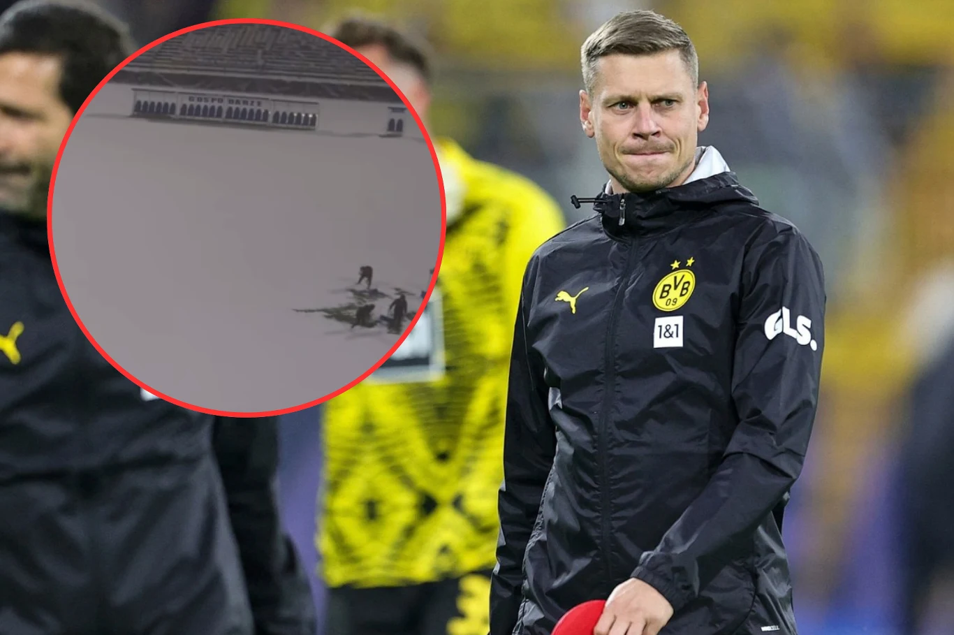 Ekipa Łukasza Piszczka ma dziś zagrać wieczorem ze Stalą Rzeszów. Sytuacja nie wygląda dobrze Piłkarz w sportowej kurtce z logo klubu Borussia Dortmund stoi na boisku, w tle widoczny inny zawodnik w żółto-czarnym stroju. W lewym górnym rogu znajduje się powiększone koło z nieostrym obrazem ukazującym fragment samolotu na lotnisku pokrytym śnieg...