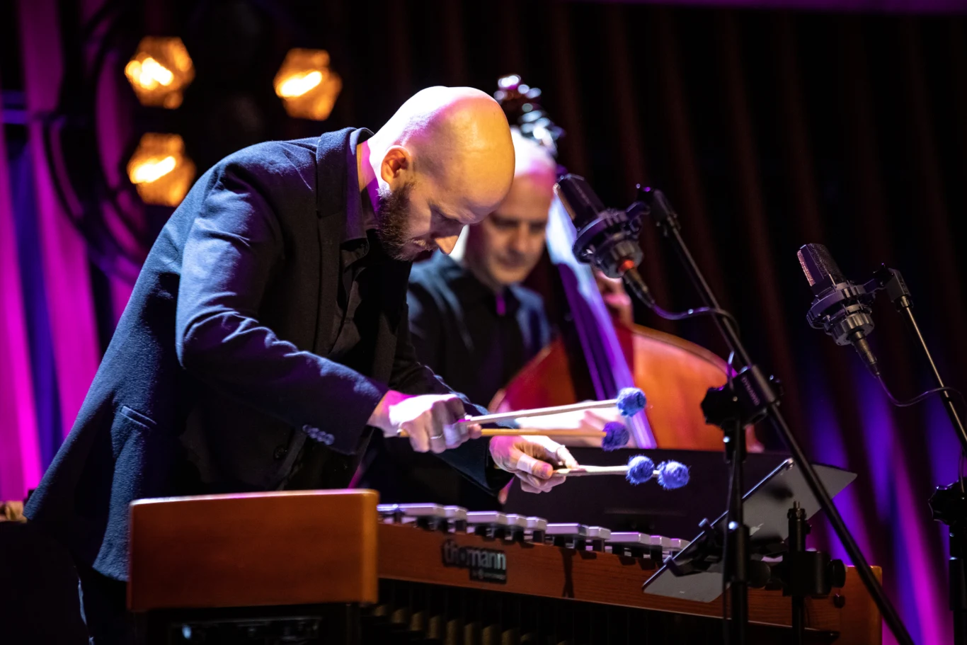 Muzyk gra na wibrafonie, skupiając się na instrumencie. W tle kontrabasista, scena oświetlona ciepłym światłem reflektorów, mikrofony ustawione w pobliżu instrumentów.