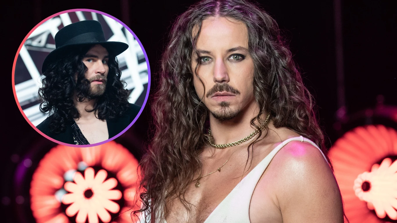 Michał Szpak i Dominik Czuż Mężczyzna z długimi, kręconymi włosami i wystylizowanym zarostem w białym stroju, na szyi złoty łańcuch, intensywnie patrzy w obiektyw. W tle kolorowe światła, w lewym górnym rogu okrągłe wstawione zdjęcie innego mężczyzny z ciemnymi długimi włosami i ...