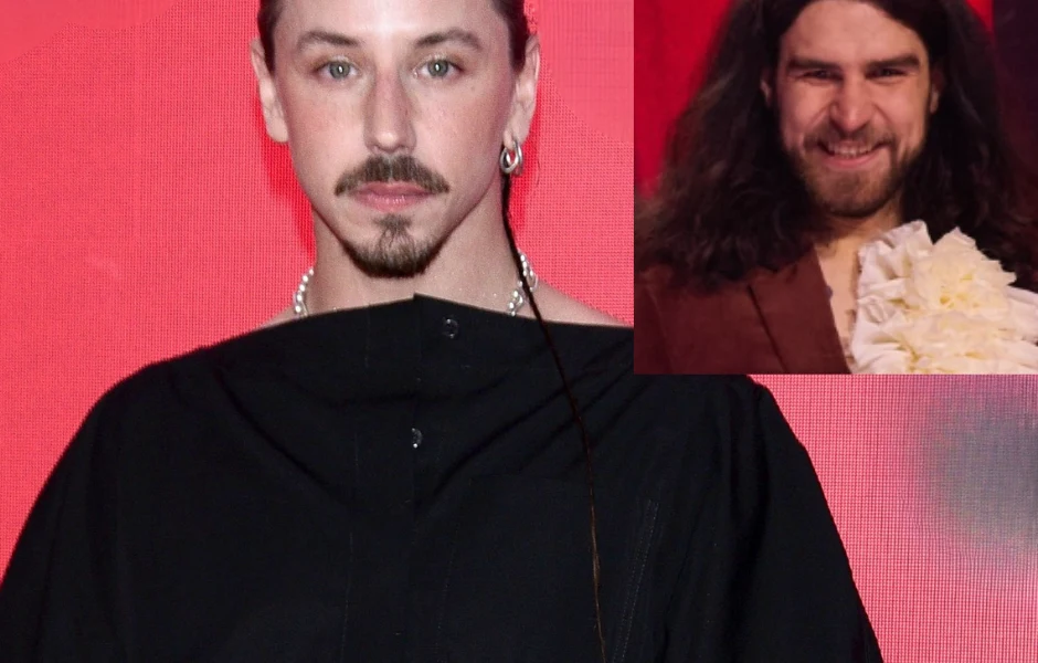 Dominik Czuż szczerze o Michale Szpaku. Taki jest naprawdę Dwie osoby na tle czerwonej ściany, jedna z nich ubrana w czarną stylizację z kolczykiem w uchu, druga widoczna w mniejszym kadrze w brązowej marynarce i z białym kwiatem przy klapie, obie patrzące w stronę aparatu.