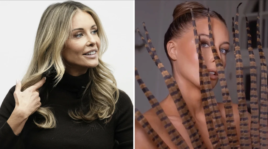 Po lewej stronie kobieta o długich blond włosach w czarnym swetrze, z uśmiechem patrząca w bok i trzymająca pasemko włosów. Po prawej stronie ta sama kobieta z upiętymi włosami, ukazana za wachlarzem piór, patrząca w obiektyw.