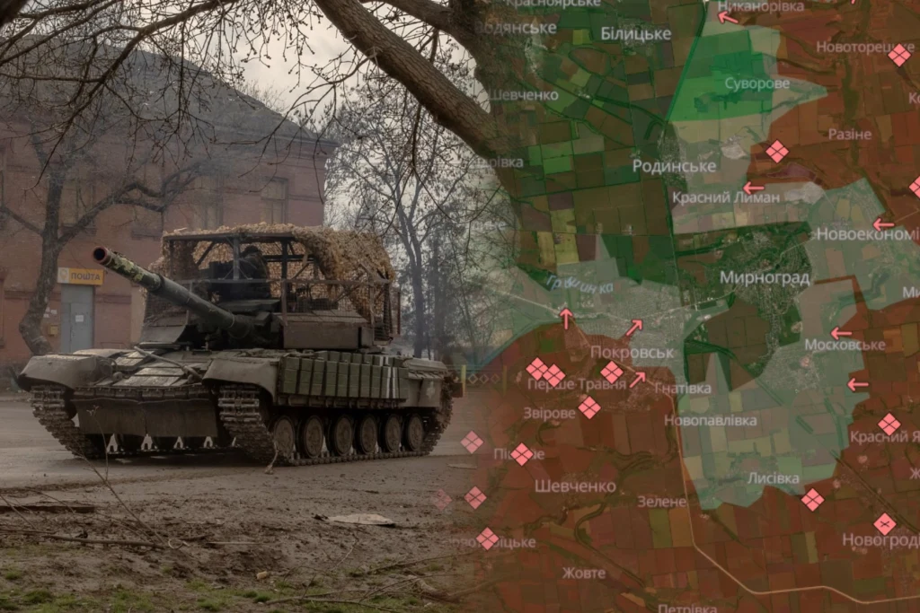 Ukraina twierdzi, że siły rosyjskie bezskutecznie próbowały przedostać się do centralnej części Pokrowska Czołg ustawiony na ulicy w otoczeniu drzew i zabudowań, połączony z fragmentem mapy operacyjnej przedstawiającej różne punkty i strefy w podzielonych kolorystycznie obszarach.