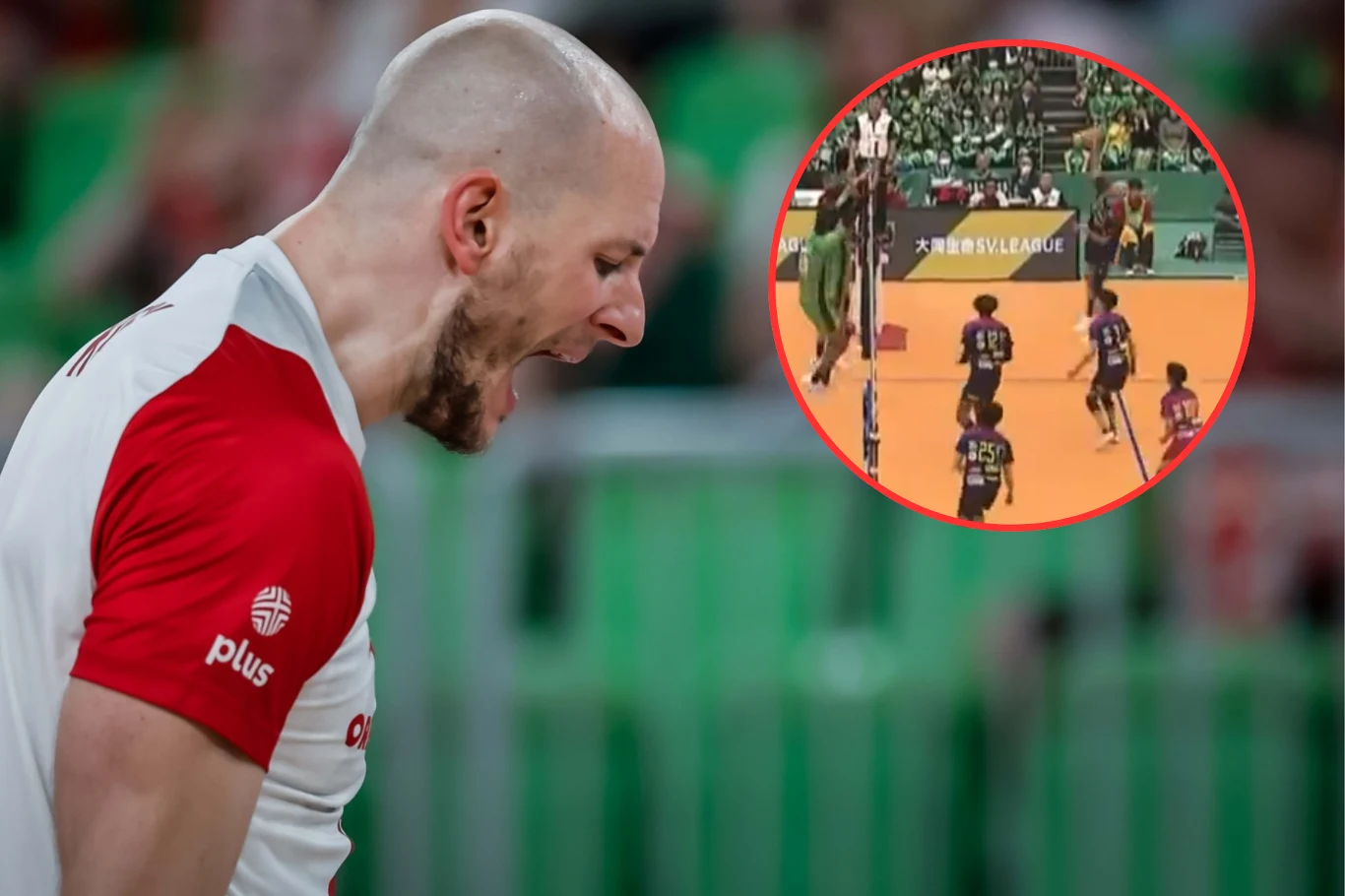 Bartosz Kurek znów został bohaterem w Japonii Emocjonująca reakcja mężczyzny w stroju sportowym z drużyny siatkarskiej, w tle wstawka prezentująca fragment meczu siatkówki na boisku z zawodnikami obu drużyn.
