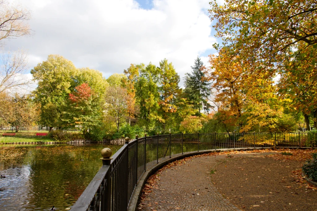 Żelazne ogrodzenie biegnie wzdłuż brukowanej ścieżki, prowadzącej przez park pełen kolorowych drzew ubranych w jesienne liście. Po lewej stronie widoczny staw z odbijającymi się na tafli wodnej barwami jesieni, a w tle widać różnorodne drzewa tworzące ...