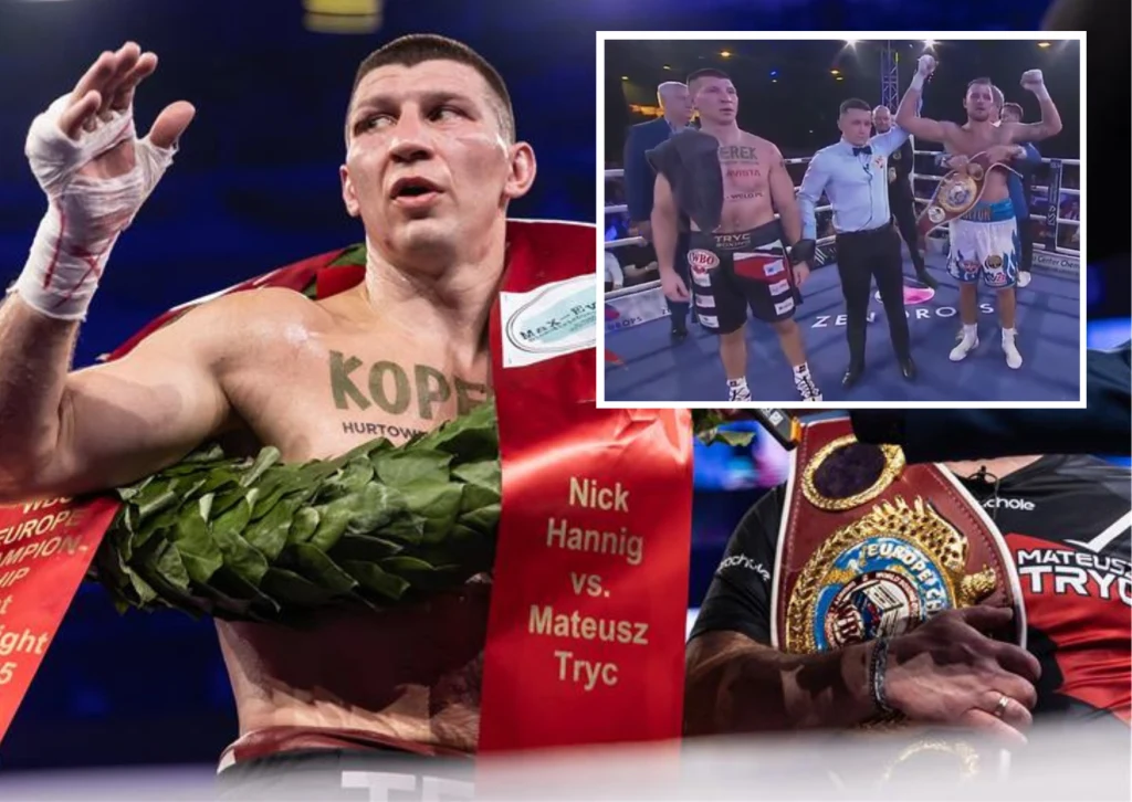 Mateusz Tryc Pięściarz z opaską lauru na ramionach oraz czerwonym pasem zwycięzcy, w tle fragmenty sceny bokserskiej z widoczną rywalizacją, uniesionymi rękoma oraz pasem mistrzowskim.