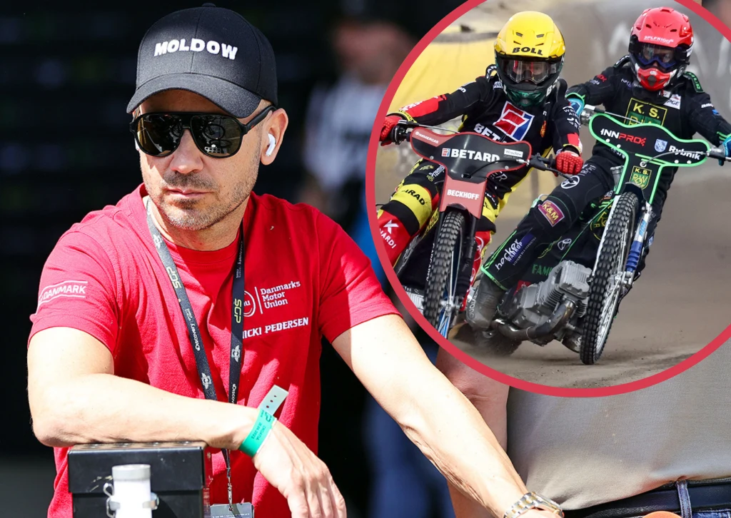 Nicki Pedersen dostał ofertę. Prezes Speedway Kraków zaprosił go nawet na kolację. Mężczyzna w czarnej czapce z napisem, okularach przeciwsłonecznych i czerwonej koszulce z logotypami, w tle powiększone okrągłe wstawienie ze sceną wyścigu żużlowego, dwóch motocyklistów w kaskach i strojach startuje na torze.