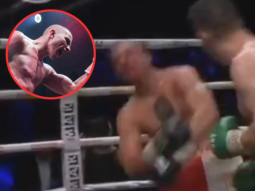 Michał Soczyński został brutalnie znokautowany na gali KnockOut Boxing Night 42 Dwóch bokserów w trakcie walki na ringu, jeden z nich unika ciosu przeciwnika w zielonych rękawicach, a w kółku powiększenie triumfującego zawodnika z uniesioną ręką i napiętymi mięśniami.