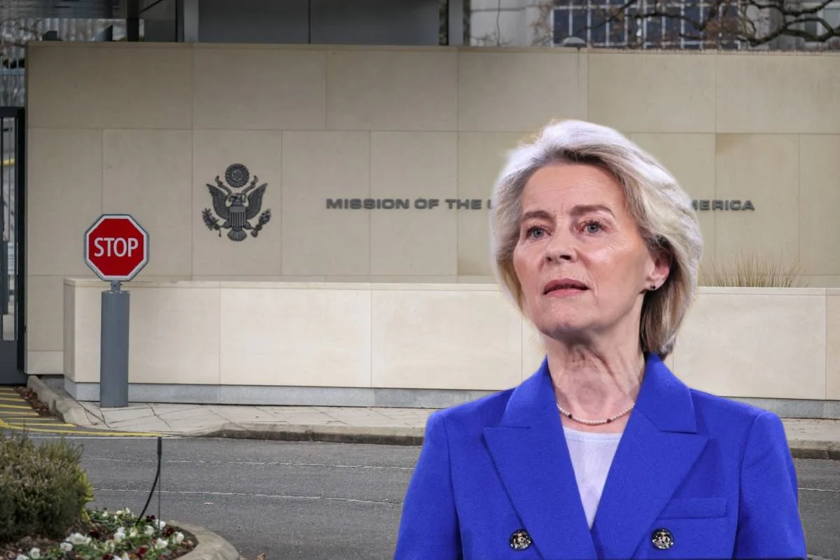 Negocjacje pokojowe w Genewie. Ursula von der Leyen postawiła trzy warunki Kobieta w niebieskim żakiecie stoi na tle budynku z napisem Mission of the United States of America oraz znakiem stop, cała scena ma formalny, oficjalny charakter.