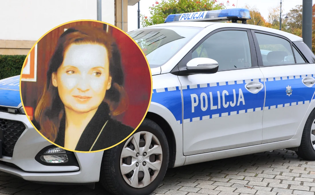 Zginęła Joanna Tomaszewska, policja apeluje o pomoc Samochód policyjny oznakowany napisem 'Policja', na pierwszym planie okrągłe powiększenie portretu kobiety o długich włosach i jasnej karnacji, ujęcie wykonane na parkingu w przestrzeni miejskiej.