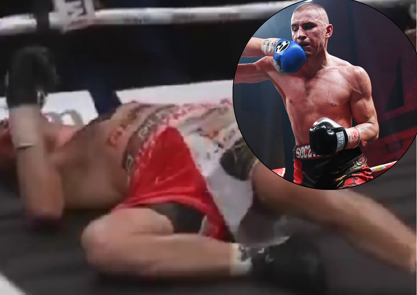 Pojawił się nowe ustalenia ws. stanu zdrowia Michała Soczyńskiego Zawodnik bokserski leży na ringu po otrzymaniu ciosu, druga scena w formie koła przedstawia triumfującego boksera w rękawicach, z napiętymi mięśniami, ubrany w czerwone spodenki.