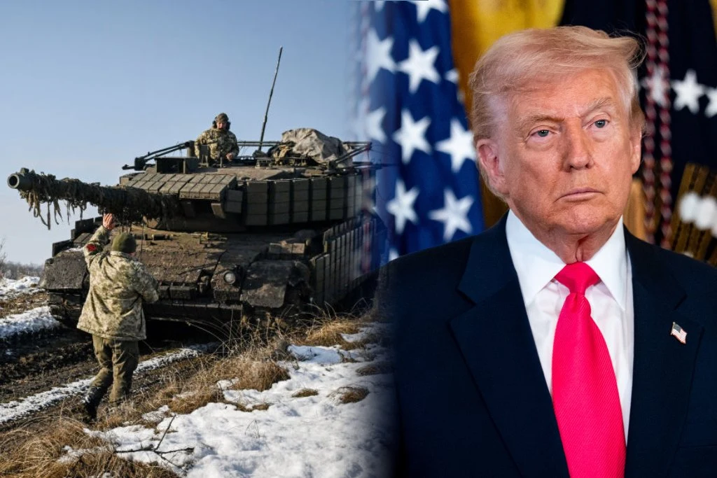 Jażdżewski: 28 punktów przedstawianych jako "Plan Trumpa" oferuje Rosji kontrolę nad terytoriami, które zabrała Ukrainie Po lewej stronie grupa żołnierzy w umundurowaniu obok czołgu stojącego na zaśnieżonej ziemi, po prawej stronie portret starszego mężczyzny w garniturze z czerwoną krawatą na tle flagi Stanów Zjednoczonych.