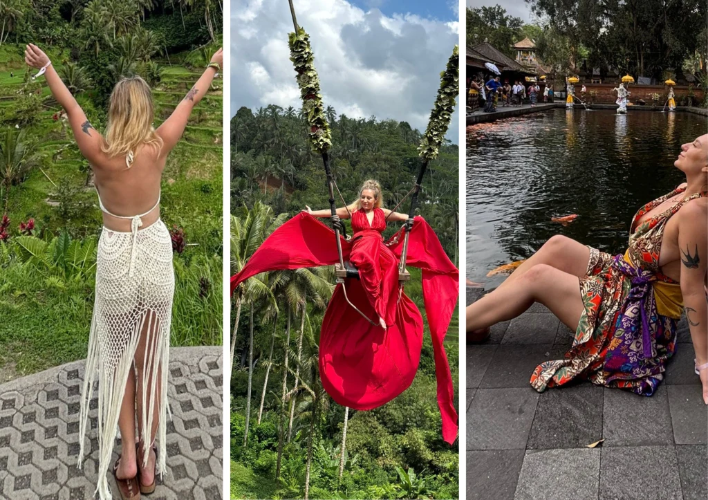 Kobieta cieszy się egzotyczną scenerią, stojąc na tle zielonych, tropikalnych pól, ubrana w białą, ażurową suknię. Na kolejnym ujęciu ta sama kobieta ubrana w efektowną, czerwoną suknię huśta się nad dżunglą na dużej huśtawce. Na ostatniej części kompo...