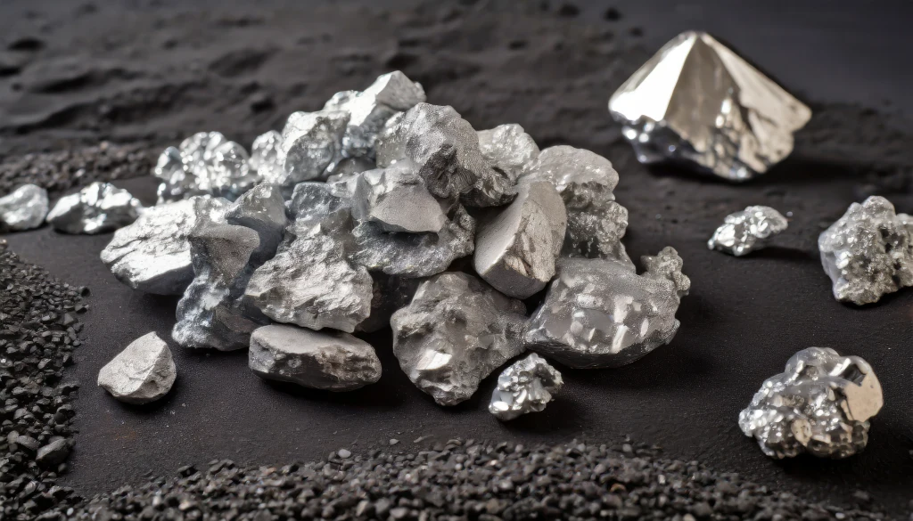 Stos srebrzystych sztabek metalu o nieregularnych kształtach na czarnym tle, w otoczeniu drobnej ciemnej skały i pojedynczej dużej bryły metalu w tle.