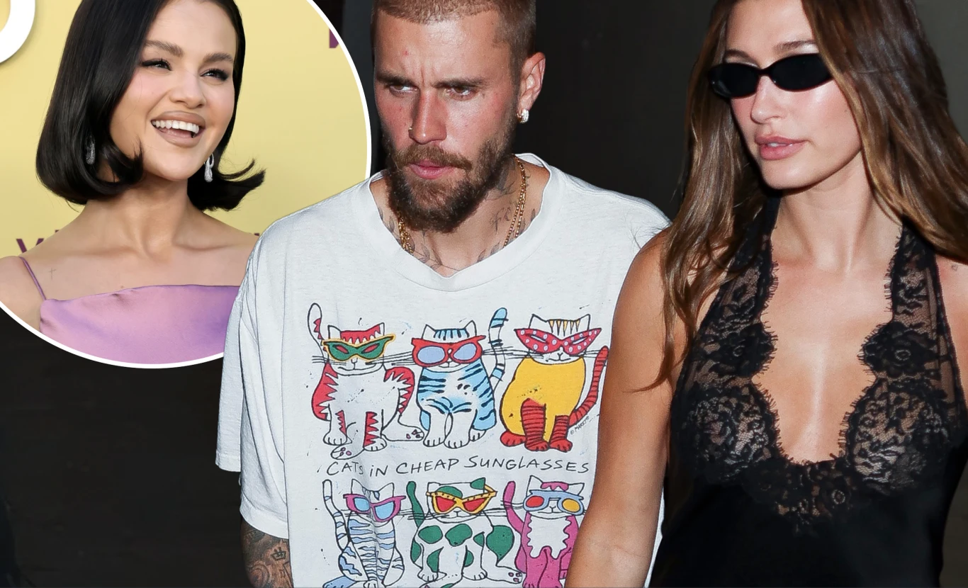 Justin Bieber zaśpiewał utwór, w którym nawiązuje do poprzedniej relacji Mężczyzna z brodą w białej koszulce z grafiką kolorowych kotów i kobieta w czarnej, koronkowej sukni idą razem, kobieta nosi ciemne okulary przeciwsłoneczne, w lewym górnym rogu zdjęcia znajduje się wstawka z uśmiechniętą kobietą w liliowej sukience na...