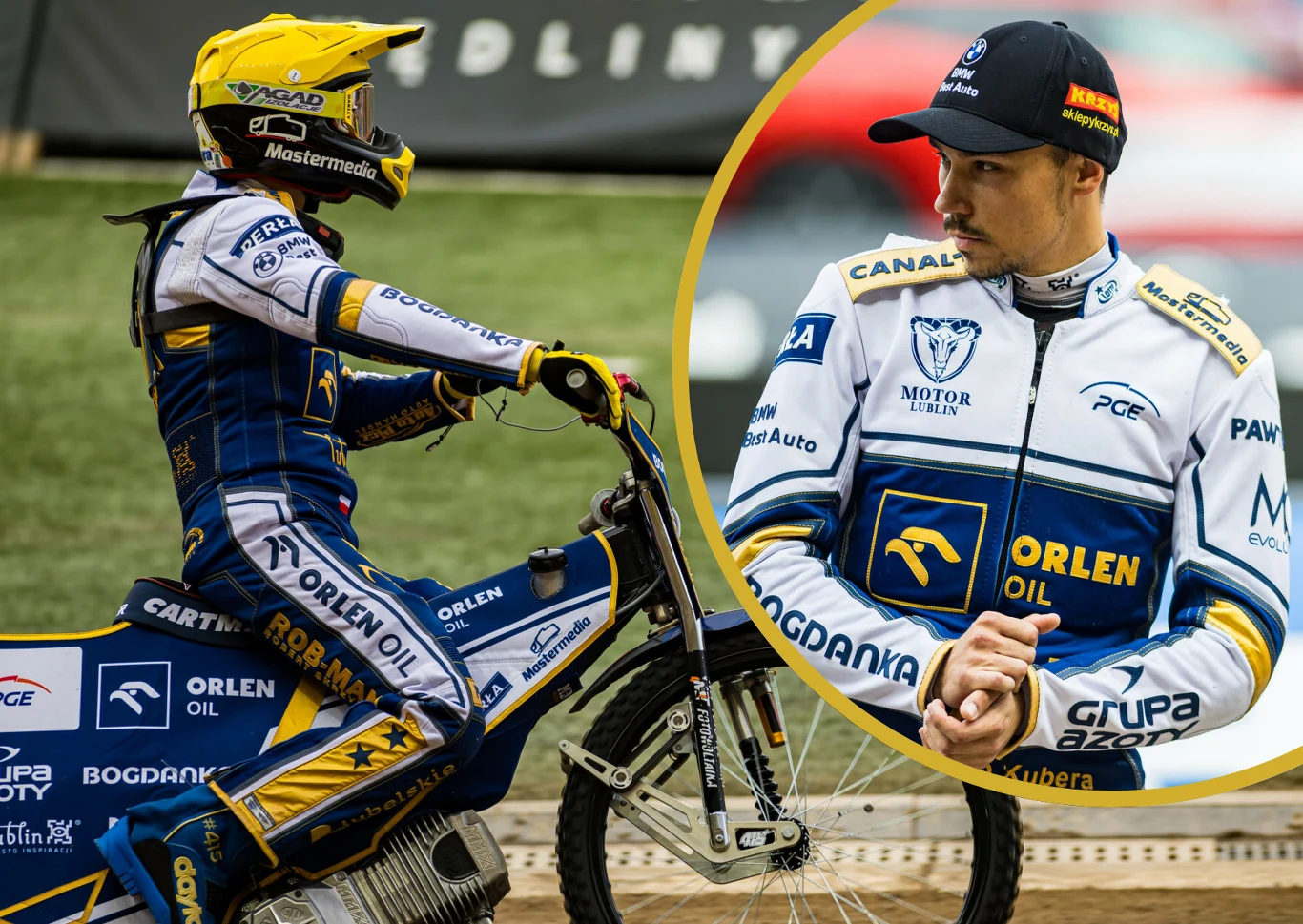 Żużlowiec w żółtym kasku na motocyklu sportowym w biało-niebiesko-żółtym kombinezonie podczas jazdy na torze oraz zbliżenie tej samej osoby w stroju klubowym z logotypami sponsorów.