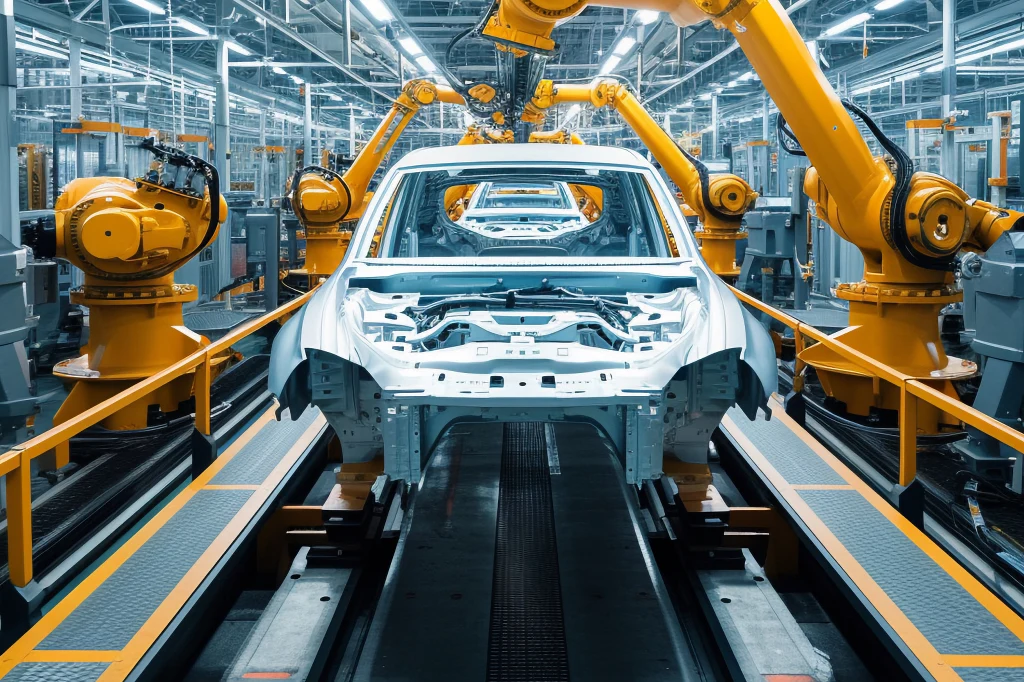 Problemy z dostępnością chipów mogą zakłócić procesy produkcyjne w fabrykach samochodów Rząd pomarańczowych robotów przemysłowych pracujących nad białą karoserią samochodu na taśmie produkcyjnej w nowoczesnej fabryce. Symetryczne ułożenie maszyn i oświetlenie podkreślają zaawansowanie technologiczne procesu.