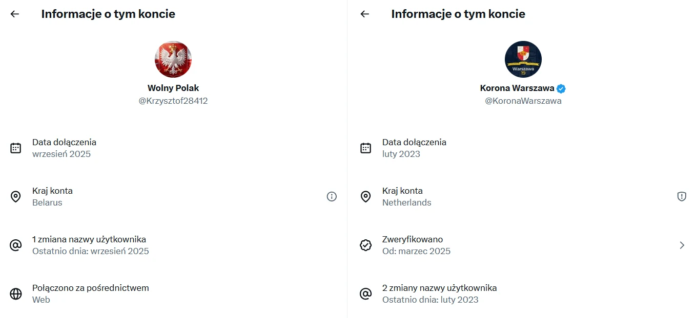 Dwa profile użytkowników serwisu społecznościowego z podstawowymi informacjami, takimi jak data dołączenia, kraj konta, historia zmian nazwy użytkownika, status weryfikacji oraz powiązania. Profile są zestawione obok siebie dla porównania.