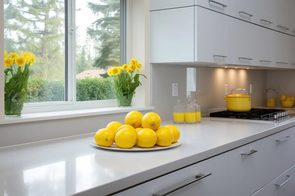 Przechowujesz cytryny na kuchennym blacie? Lepiej zmień ten nawyk, by dłużej zachowały swieżość Nowoczesna kuchnia z białymi blatami i szafkami, na blacie talerz z cytrynami. Obok okna dwa wazony z żółtymi kwiatami, na kuchence żółty garnek. Jasne wnętrze z dużym oknem i widokiem na ogród.
