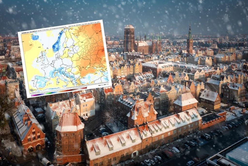 Panorama miasta pokrytego śniegiem z wyraźnie widocznymi dachami budynków, nad którą umieszczona jest mapa pogodowa Europy wskazująca przewidywane temperatury.