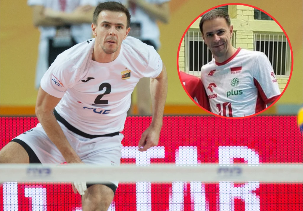 Zawodnik w białym stroju siatkarskim z numerem 2 w dynamicznej pozycji gry na tle czerwonego baneru, w prawym górnym rogu okrągły portret innego sportowca w białej koszulce z czerwonymi detalami.