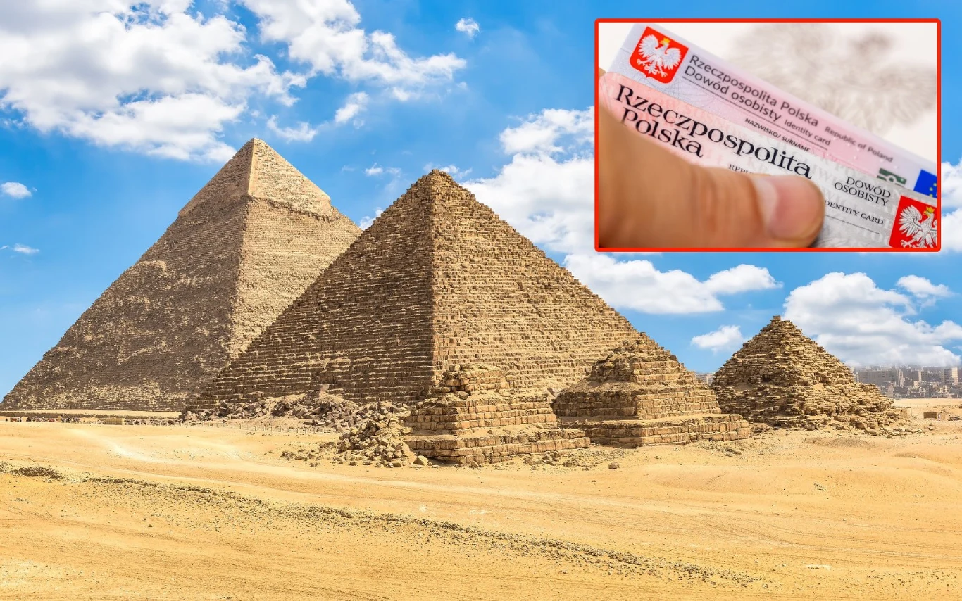 Kiedy Polacy będą mogli wjechać Egiptu na sam dowód - bez paszportu i wizy? Ekspert wyjaśnia Wielkie piramidy w Gizie na tle błękitnego nieba, w prawym górnym rogu widoczny fragment dowodu osobistego z napisem Rzeczpospolita Polska.