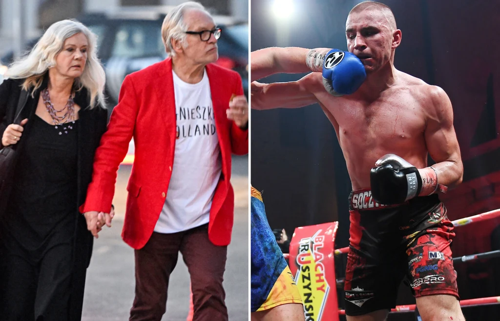 Po lewej starsza para idzie trzymając się za ręce, mężczyzna w czerwonej marynarce i okularach oraz kobieta z siwymi włosami. Po prawej zawodnik sportów walki w trakcie pojedynku na ringu, przyjmuje cios w twarz od przeciwnika.