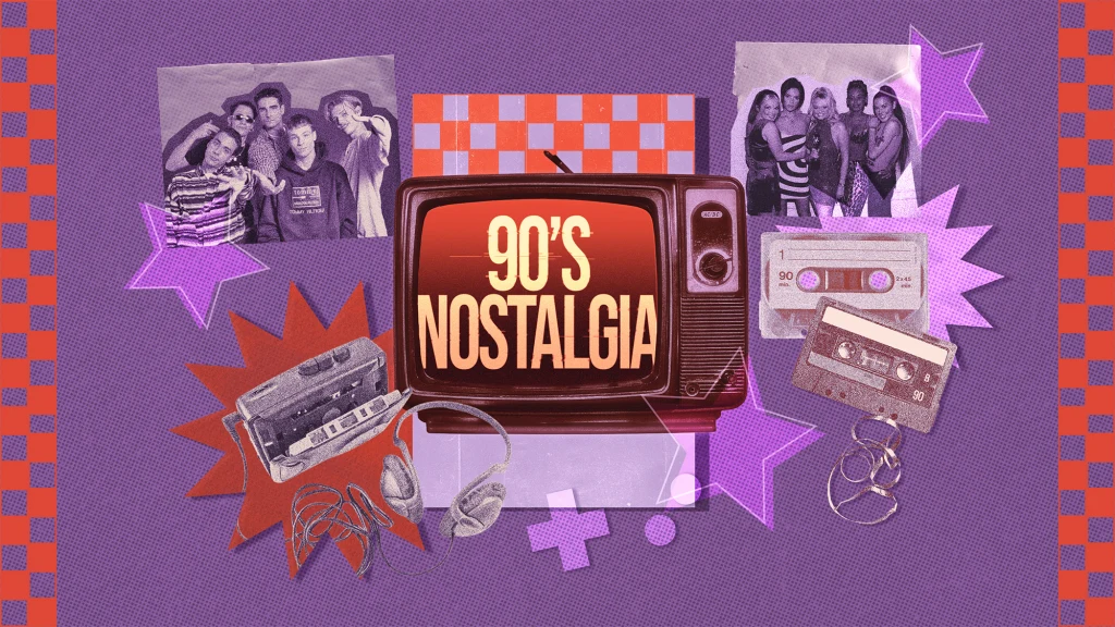 Stary telewizor z napisem '90's Nostalgia' otoczony zdjęciami grupowych portretów, kasetami magnetofonowymi i słuchawkami, na tle fioletowo-pomarańczowej grafiki z gwiazdami i geometrycznymi kształtami.
