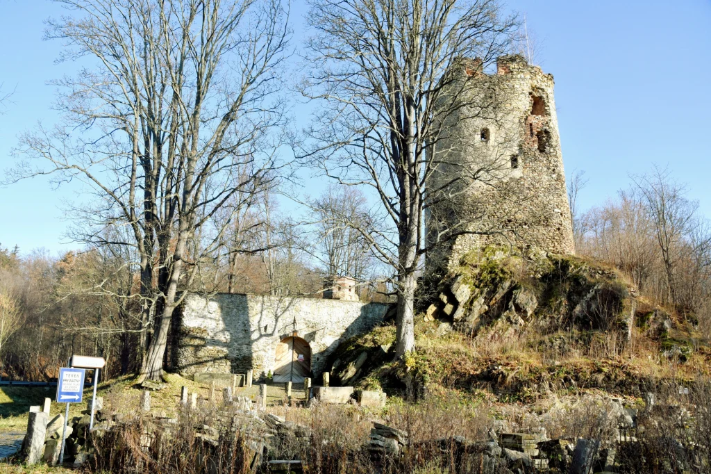Odwiedzając zamek Świecie, można dołożyć się do jego odbudowy Kamienna wieża ruin zamku na skale pośród drzew i dzikiej roślinności, otoczona resztkami murów obronnych. Jasne światło podkreśla strukturę ruin i kontrastuje z błękitnym niebem.