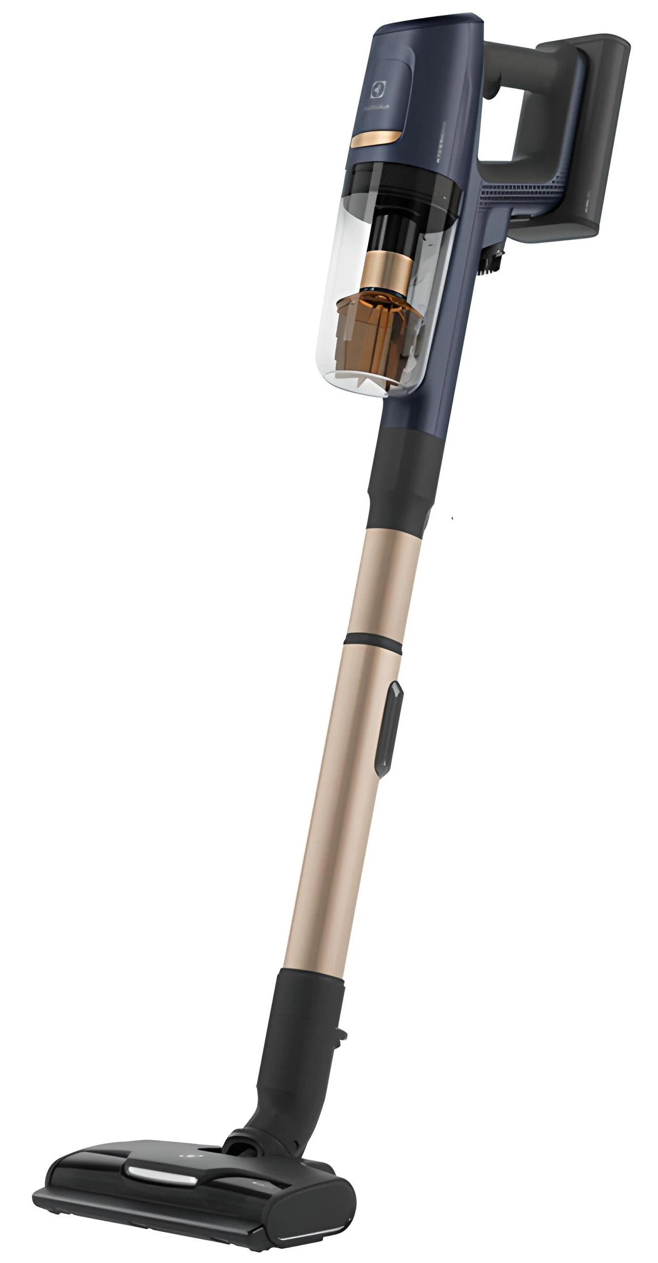 Bezprzewodowy odkurzacz pionowy w nowoczesnej kolorystyce, wyposażony w przezroczysty pojemnik na kurz oraz ergonomiczny uchwyt, wykończony elementami w kolorze złotym.