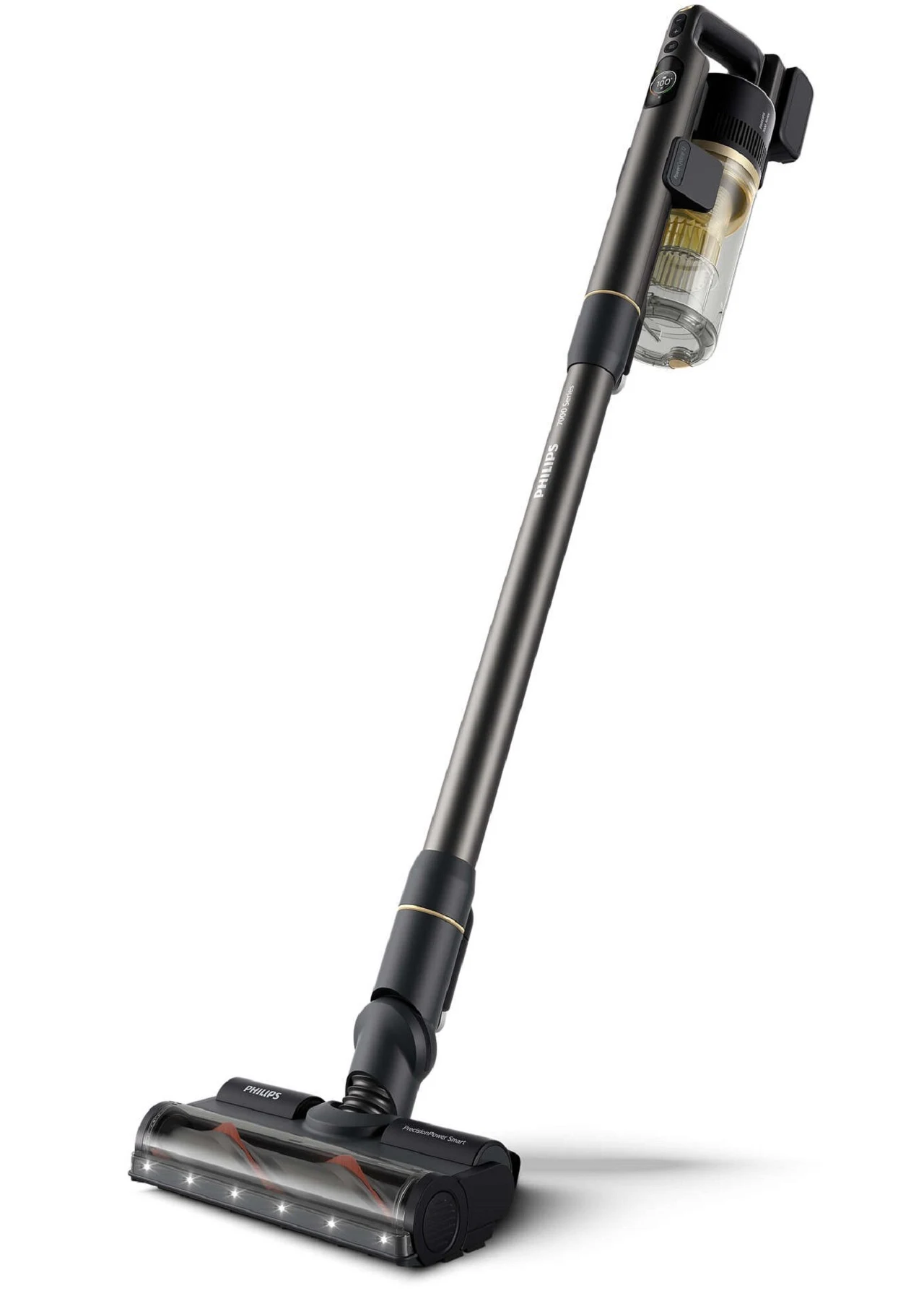 Bezprzewodowy odkurzacz pionowy o nowoczesnym designie, wyposażony w przezroczysty pojemnik na kurz, filtr powietrza oraz podświetlaną szczotkę czyszczącą.