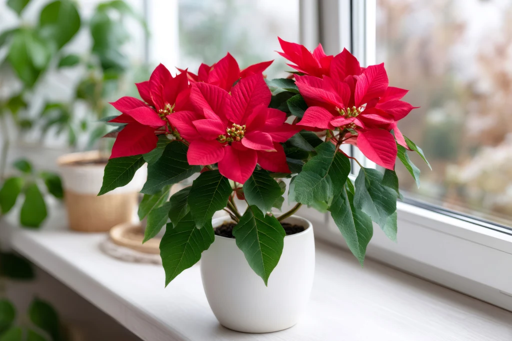 Gwiazda betlejemska kojarzy się głównie ze Świętami Bożego Narodzenia Czerwona poinsecja w białej doniczce ustawiona na parapecie okna, otoczona zielonymi liśćmi, z rozmytym tłem roślin doniczkowych.
