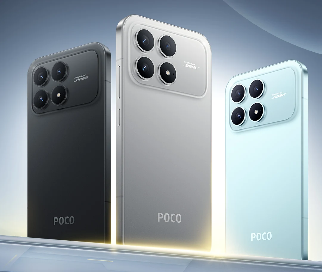 Trzy nowoczesne smartfony POCO w różnych kolorach ustawione obok siebie na tle futurystycznej, rozświetlonej scenerii. Każdy telefon posiada duży moduł aparatów z czterema soczewkami, dominują minimalistyczne kształty i elegancki design.