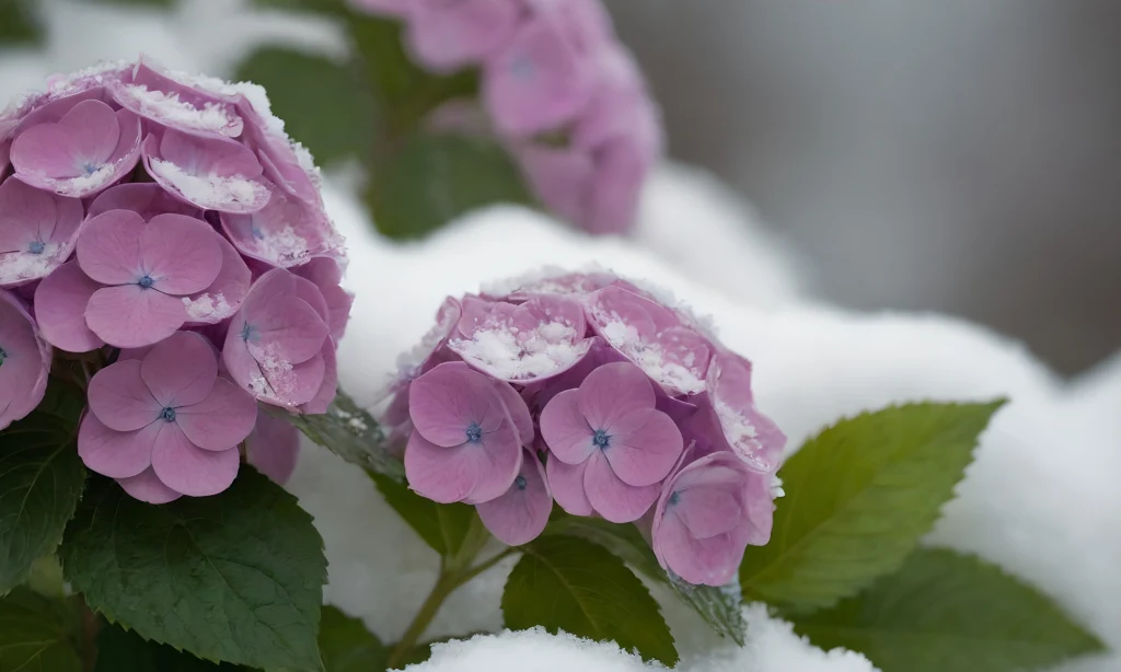 Różowe kwiaty hortensji pokryte warstwą śniegu, otoczone zielonymi liśćmi, kontrastujące z białym tłem.