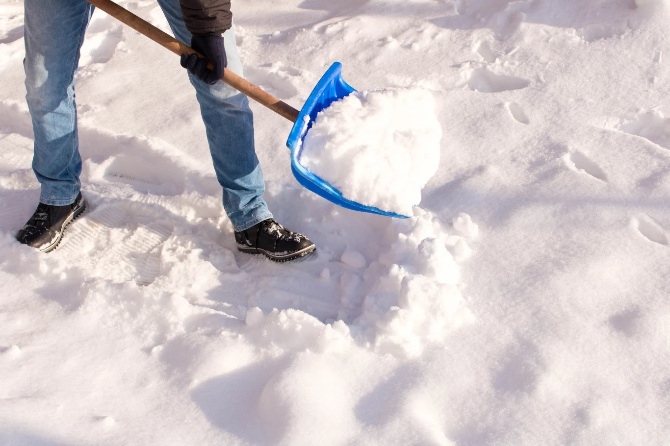 Osoba w dżinsach i zimowych butach odgarnia śnieg niebieską łopatą na świeżym białym śniegu.
