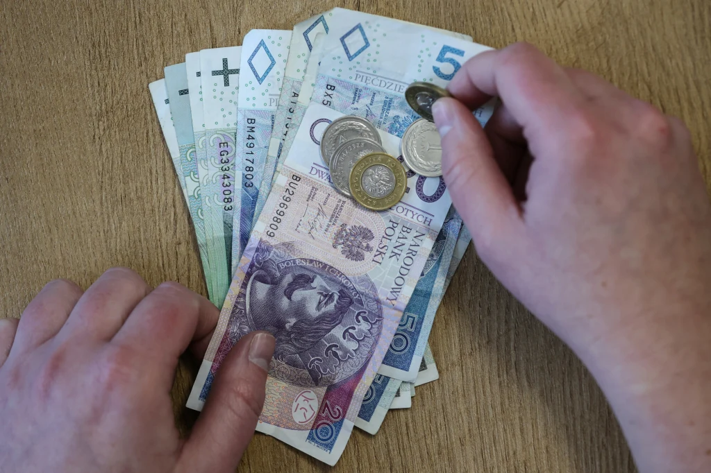 System emerytalny w naszym kraju opiera się na trzech filarach. Kilkanaście polskich banknotów oraz monety układane rękami na drewnianym blacie, główny plan to banknot 50 zł z wizerunkiem króla Kazimierza III Wielkiego.