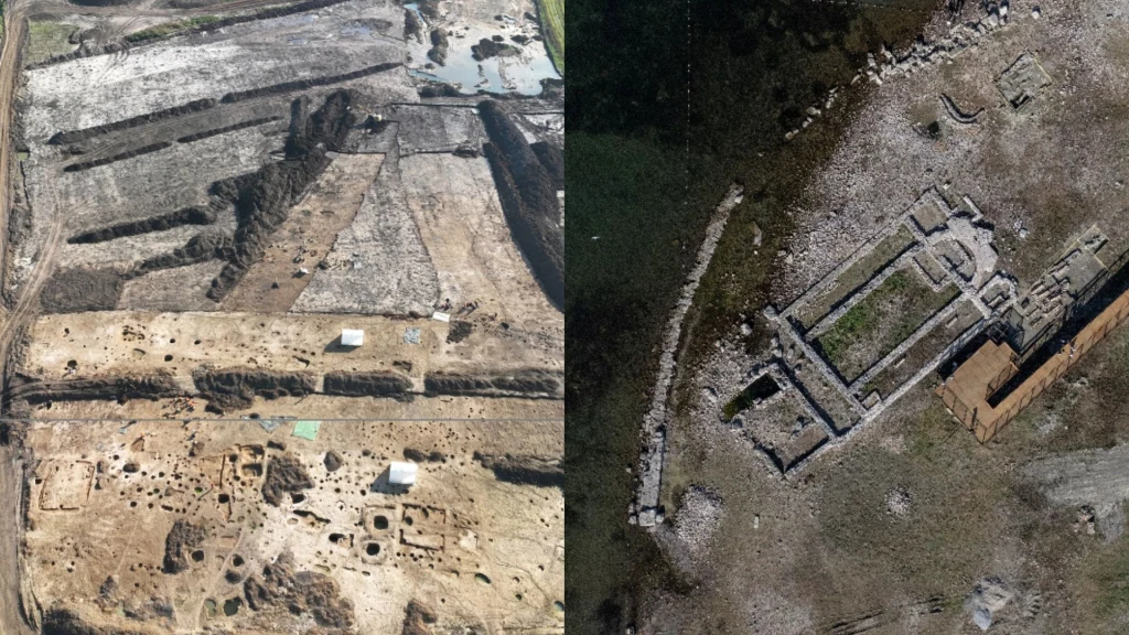 Odkrycia archeologiczne. Osada celtycka w Czechach i bazylika w Turcji Widok z lotu ptaka na dwa stanowiska archeologiczne, po lewej stronie widoczne wykopaliska z wyraźnymi wykopami i strukturami ziemnymi oraz pozostałościami budowli, po prawej ruiny dużego kamiennego budynku z prostokątnym planem, na otwartym terenie.