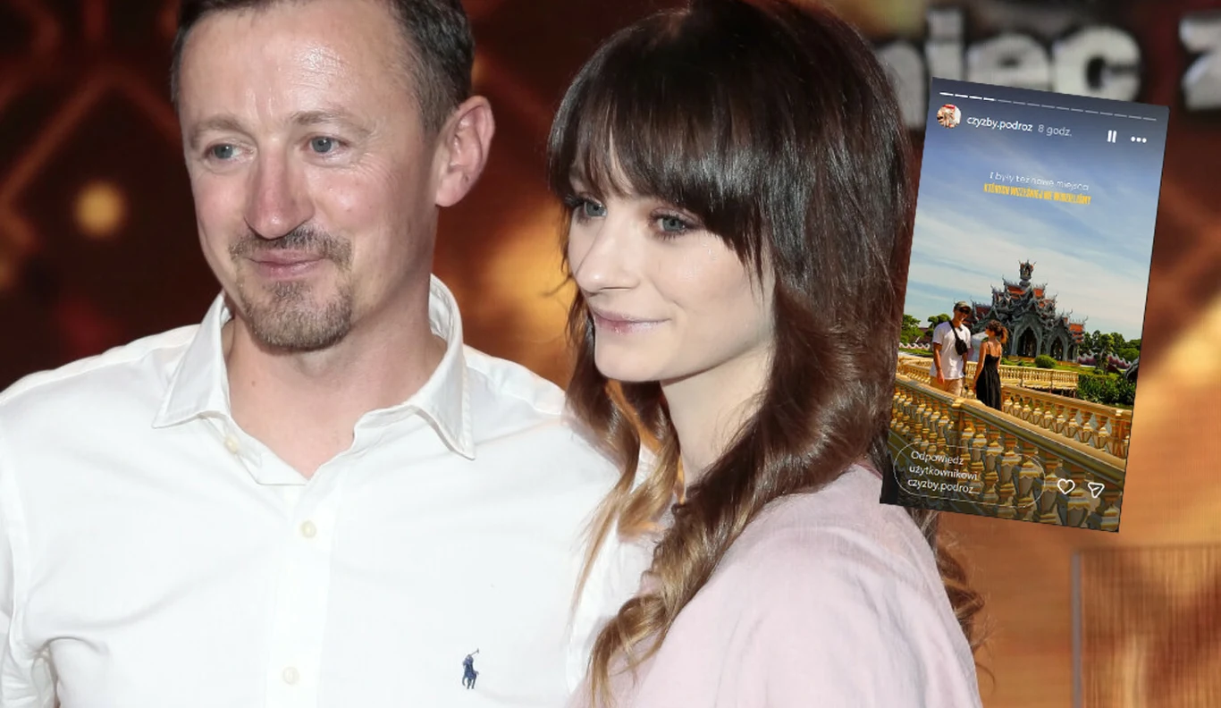 Córka Małysza pokazała zdjęcie z mężem. To rzadkość /instagram.com/czyzby.podroz/ Uśmiechnięta para pozuje razem na tle ciemnego tła ze światłami. W prawym rogu znajduje się wstawiony zrzut ekranu ukazujący inną parę stojącą na złotym moście z widokiem na egzotyczny budynek.