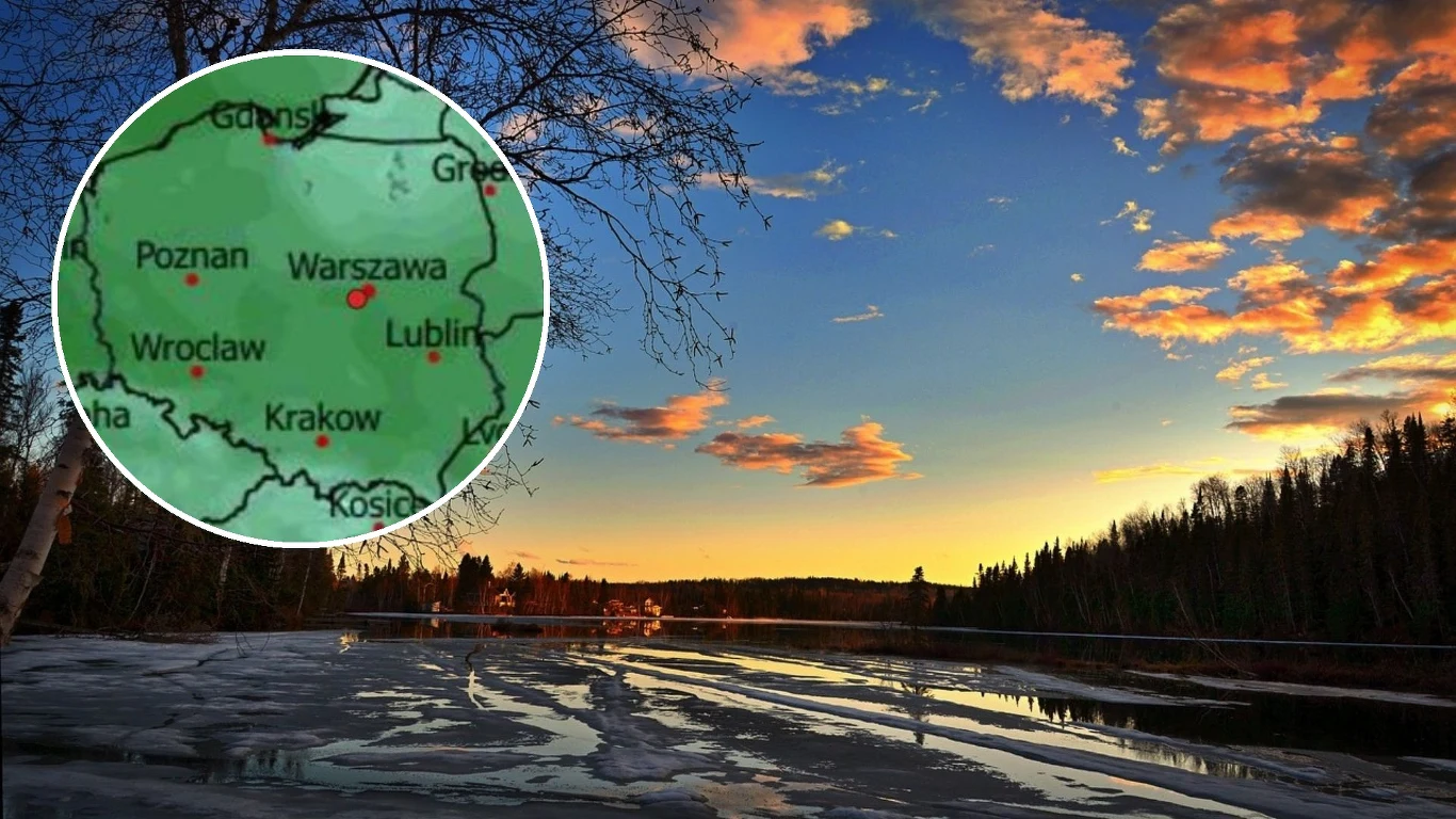 Na początku grudnia nastąpi ocieplenie Zachód słońca nad rzeką, której powierzchnię pokrywa lód, z sylwetkami drzew na horyzoncie i kolorowym niebem, a w lewym górnym rogu umieszczony fragment mapy Polski z zaznaczonymi większymi miastami.