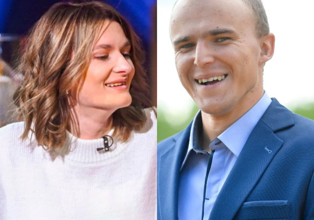 Joanna Wielgosz i Kamil Osypowicz w "Rolnik szuka żony" Dwie osoby, kobieta w jasnym swetrze z mikrofonem zapinanym przy kołnierzu oraz mężczyzna w niebieskiej marynarce i błękitnej koszuli, oboje uśmiechnięci, sfotografowani w różnych miejscach, zdjęcia zestawione obok siebie.