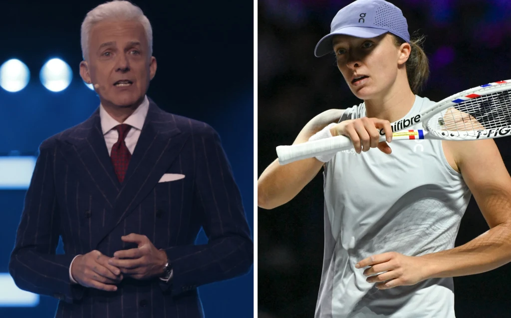 Hubert Urbański, Iga Świątek Po lewej stronie mężczyzna w eleganckim garniturze mówi w telewizyjnym studiu, w tle widoczne są reflektory. Po prawej młoda kobieta w sportowej koszulce i czapce z daszkiem trzyma rakietę tenisową na korcie.