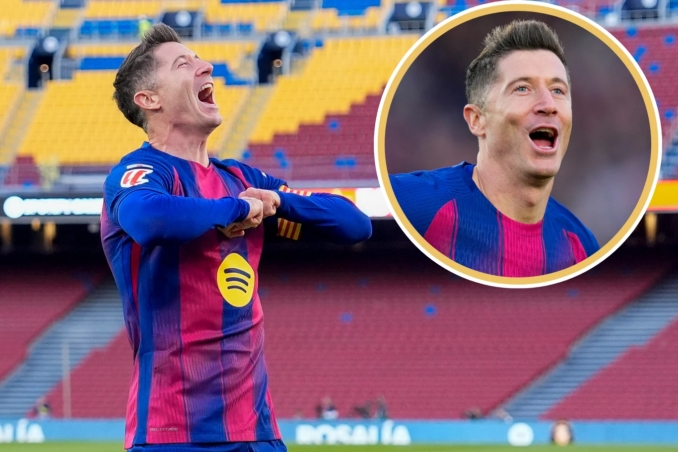 Robert Lewandowski celebrujący kolejne trafienie w barwach FC Barcelona Piłkarz w stroju FC Barcelony eksponuje radość na stadionie, wykonując charakterystyczny gest, w tle widać trybuny w barwach klubowych; w okrągłej ramce zbliżenie twarzy sportowca z uśmiechem.